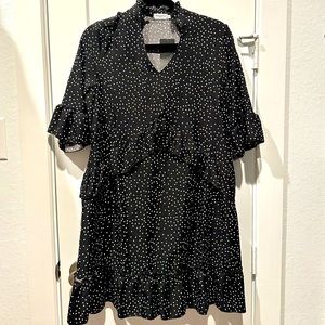 Ruffle V Neck Polka Dot Swing Dress with Pockets